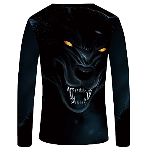 WBYFDC Camiseta De Manga Larga con Estampado De Lobo Negro para Hombre Camisetas De Cuello Redondo con Personalidad Camisetas De Primavera Y Otoño Camiseta Informal