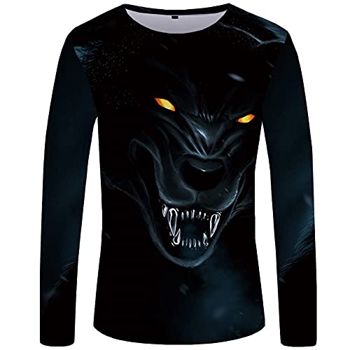 WBYFDC Camiseta De Manga Larga con Estampado De Lobo Negro para Hombre Camisetas De Cuello Redondo con Personalidad Camisetas De Primavera Y Otoño Camiseta Informal