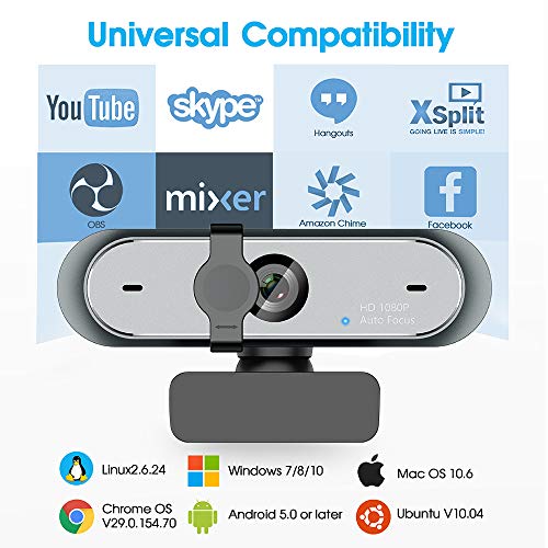 Webcam 60FPS, 1080P FHD Cámara Web para PC con Enfoque automático con micrófono Dual, USB Webcam con corrección automática de luz para Skype, Video Chat