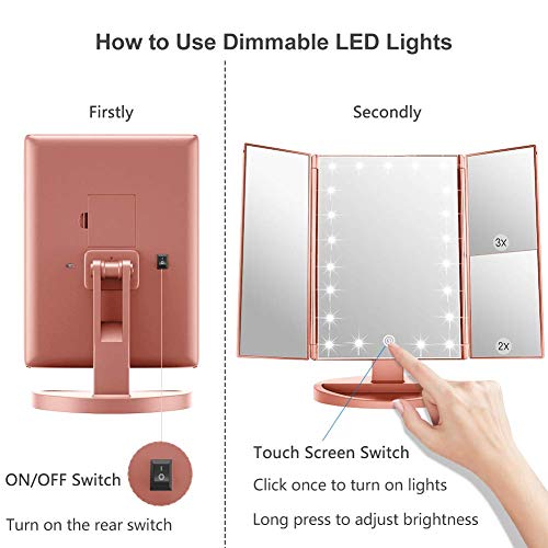 WEILY Espejo de vanidad Triple, 21 LED y Aumento 1X / 2X / 3X, Interruptor táctil para Ajustar el Brillo, Modo de Fuente de alimentación Dual Espejo de Maquillaje (Oro Rosa)