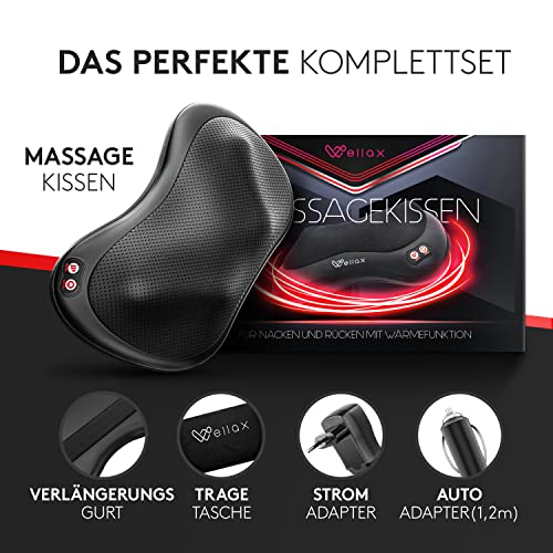 Wellax almohada de masaje relajante con función de calor y rotación de 360°, Shiatsu con 3 velocidades para hombros y espalda, incluye cinturón de extensión, masaje para el cuello Negro