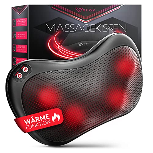 Wellax almohada de masaje relajante con función de calor y rotación de 360°, Shiatsu con 3 velocidades para hombros y espalda, incluye cinturón de extensión, masaje para el cuello Negro