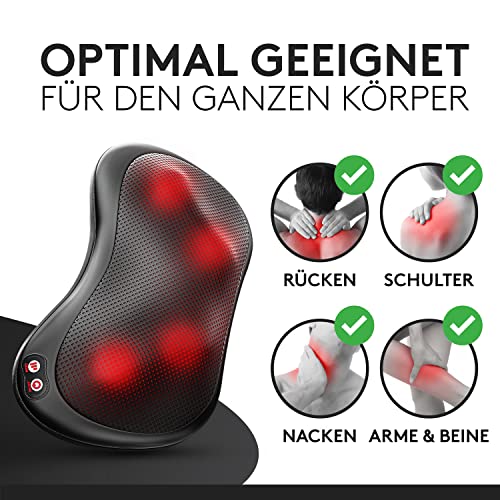 Wellax almohada de masaje relajante con función de calor y rotación de 360°, Shiatsu con 3 velocidades para hombros y espalda, incluye cinturón de extensión, masaje para el cuello Negro