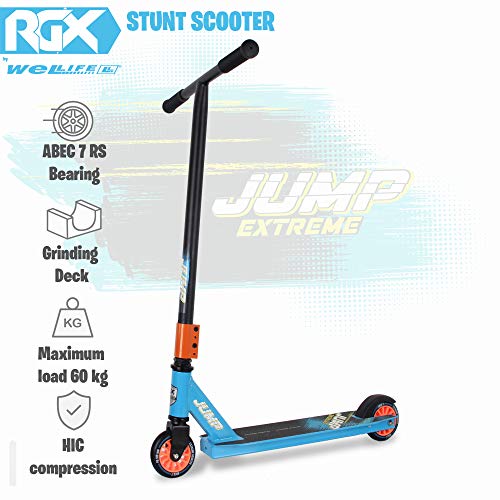 WeLLIFE Patinete Freestyle Acrobático Jump Extreme Stunt Scooter para niños y niñas de aluminio con plataforma reforzada rueda 100 mm rodamientos ABEC 7 (azul)