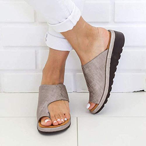 WellingA Sandalias CóModas Plataforma Que Corrigen Los Juanetes, Zapatos OrtopéDicos Cuero PU Suela Plana para Mujer, Sandalias CuñA para Mujer,Gris,37