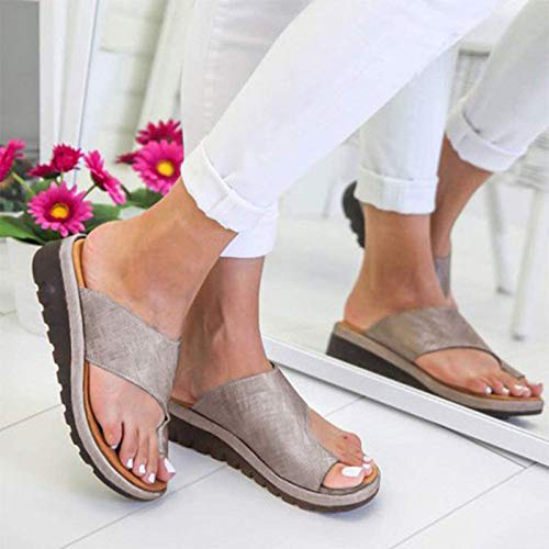 WellingA Sandalias CóModas Plataforma Que Corrigen Los Juanetes, Zapatos OrtopéDicos Cuero PU Suela Plana para Mujer, Sandalias CuñA para Mujer,Gris,37