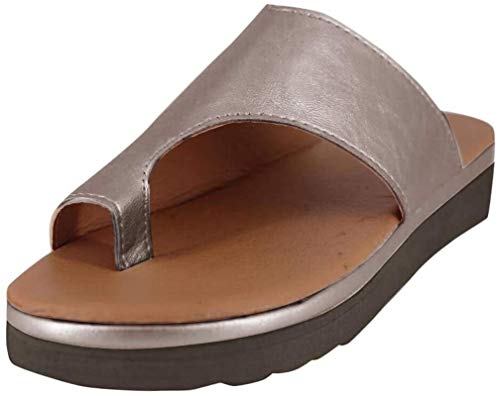 WellingA Sandalias CóModas Plataforma Que Corrigen Los Juanetes, Zapatos OrtopéDicos Cuero PU Suela Plana para Mujer, Sandalias CuñA para Mujer,Gris,37