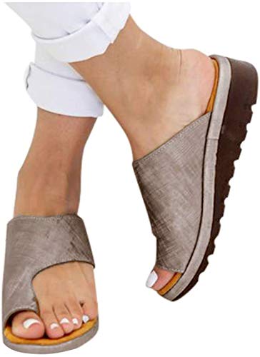 WellingA Sandalias CóModas Plataforma Que Corrigen Los Juanetes, Zapatos OrtopéDicos Cuero PU Suela Plana para Mujer, Sandalias CuñA para Mujer,Gris,37