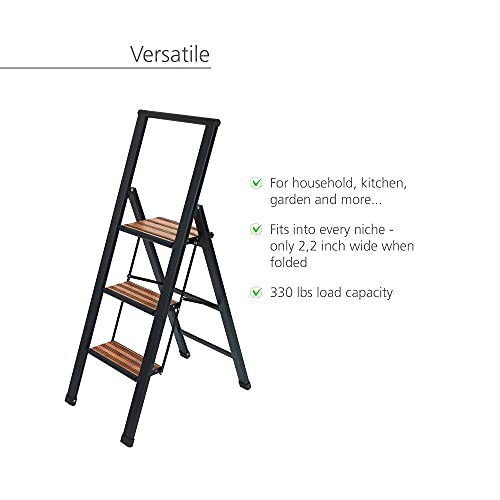 WENKO Escalera plegable en diseño de aluminio 3 peldaños negro - Escalera doméstica antideslizante, escalera de tijera de seguridad, Aluminio recubierto, 44 x 127 x 5.5 cm, Negro