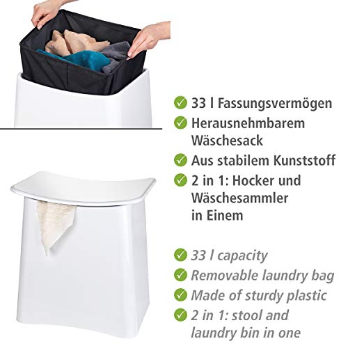 WENKO Taburete Wing blanco - Contenedor para la ropa sucia, taburete para el baño con bolsa extraíble para la ropa Capacidad: 33 l, Plástico (ABS), 45 x 48 x 33 cm, Blanco