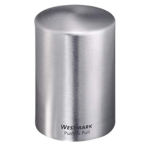 Westmark Abrebotellas automático/elevador de tapas, Para abrir botellas con tapa tipo chapa, Aluminio satinado, Push&Pull, Plateado, 5.3 x 5.3 x 8 cm