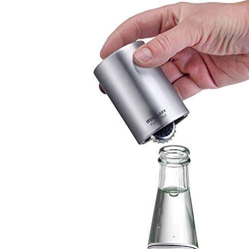 Westmark Abrebotellas automático/elevador de tapas, Para abrir botellas con tapa tipo chapa, Aluminio satinado, Push&Pull, Plateado, 5.3 x 5.3 x 8 cm