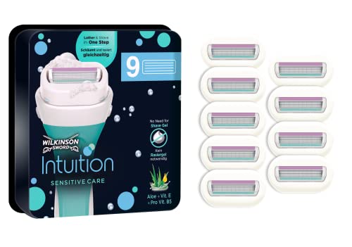 Wilkinson Sword - Intuition Sensitive Care - Pack De 9 Cuchillas De Recambio Con 4 Hojas Rodeadas De Jabón Y Bandas Lubricantes De Aloe Vera Y Vitamina E- Estuche Apto Para Buzón, Verde