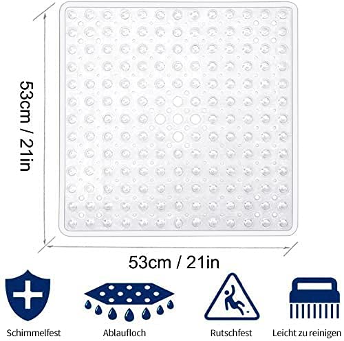 Wimaha Alfombrilla de Ducha Cuadrada Antideslizante, antimoho, con Ventosa, de Seguridad, para niños, de Goma, con Rombos, Agujeros de Drenaje, 53 x 53 cm, Transparente