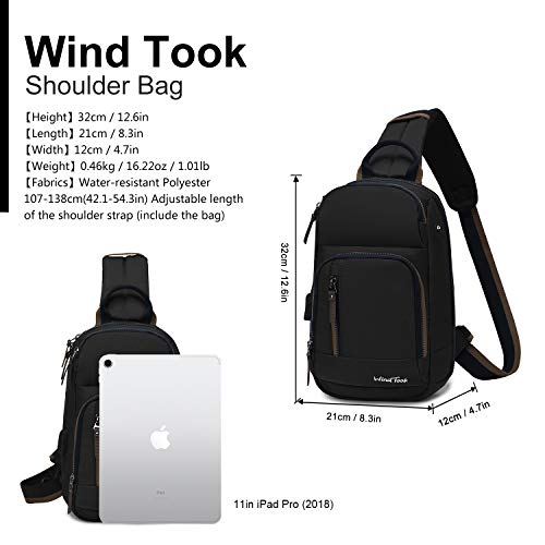 Wind Took Bolso de Pecho para Hombre Bolsos Cruzadas para Hombro con Puerto de Carga USB Bandolera Hombre Ligero Ciclismo Acampar Negro