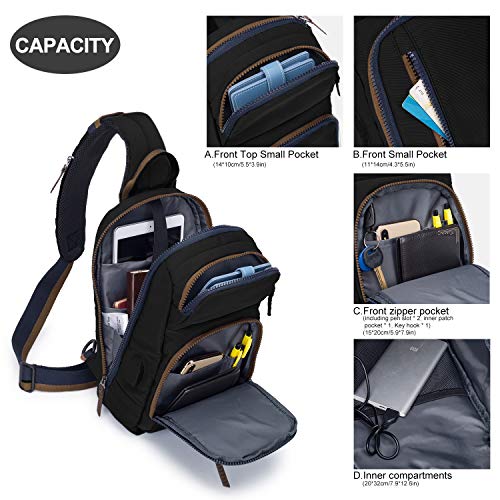 Wind Took Bolso de Pecho para Hombre Bolsos Cruzadas para Hombro con Puerto de Carga USB Bandolera Hombre Ligero Ciclismo Acampar Negro