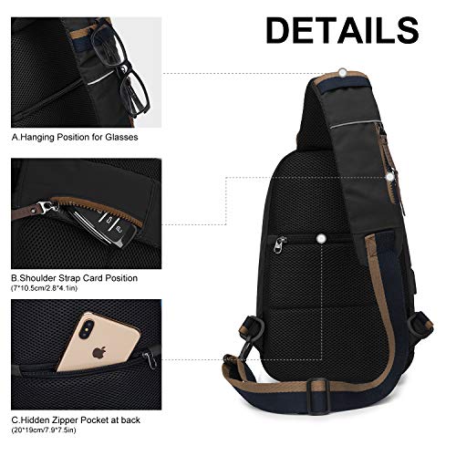 Wind Took Bolso de Pecho para Hombre Bolsos Cruzadas para Hombro con Puerto de Carga USB Bandolera Hombre Ligero Ciclismo Acampar Negro