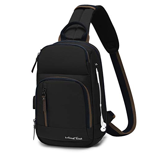 Wind Took Bolso de Pecho para Hombre Bolsos Cruzadas para Hombro con Puerto de Carga USB Bandolera Hombre Ligero Ciclismo Acampar Negro