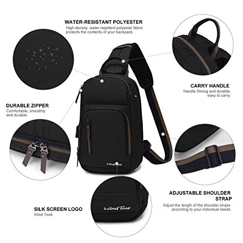 Wind Took Bolso de Pecho para Hombre Bolsos Cruzadas para Hombro con Puerto de Carga USB Bandolera Hombre Ligero Ciclismo Acampar Negro