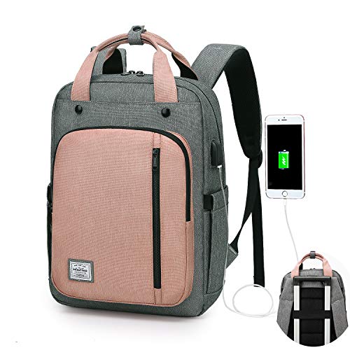 WindTook Mochilas Portatil para Mujer Mochila Ordenador Portatil 15.6 Pulgadas Multifuncional Bolso Mujer Impermeable con Puerto USB de la Vida Diaria Trabajo Viaja Gris y Rosa