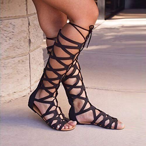 Winging Sandalias Botas hasta la rodilla con cordones de estilo romano para damas Verano Moda para mujer Pisos casuales Zapatos con múltiples correas