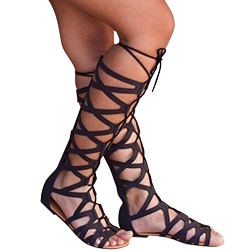 Winging Sandalias Botas hasta la rodilla con cordones de estilo romano para damas Verano Moda para mujer Pisos casuales Zapatos con múltiples correas