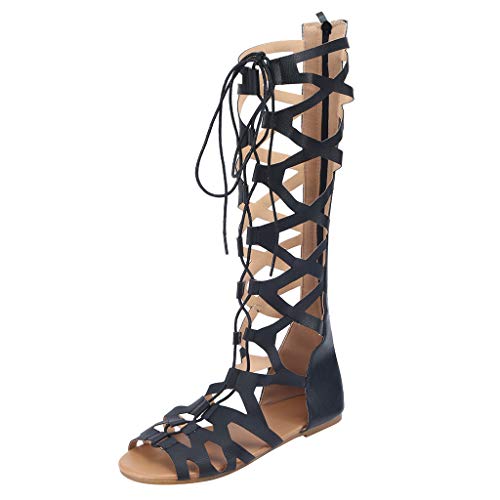 Winging Sandalias Botas hasta la rodilla con cordones de estilo romano para damas Verano Moda para mujer Pisos casuales Zapatos con múltiples correas