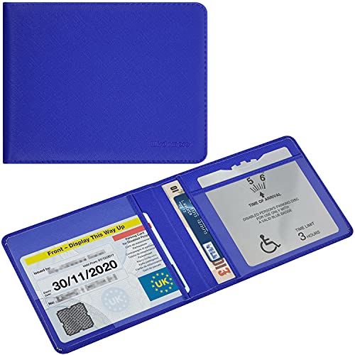 Wisdompro Funda de piel sintética para discapacitados con tarjeta azul y temporizador, protector para discapacidad, permiso de estacionamiento, cubierta discreta, holograma, caja fuerte, azul real