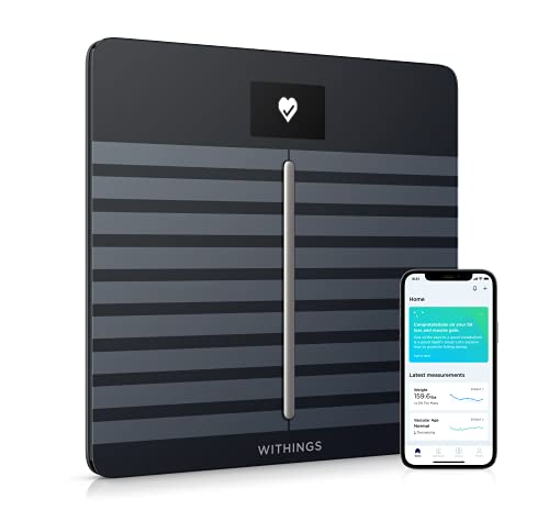 Withings Body Cardio: báscula inteligente con Wi-Fi con análisis de composición corporal, monitoreo de la salud cardíaca, edad vascular, IMC, grasa, masa muscular y ósea,% de agua - Negro