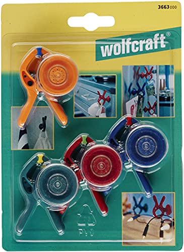 wolfcraft Juego de mini-pinzas con resorte con ventosa microfix S, 4 piezas I 3663000 I Útil en todos los hogares: para uso en bricolaje, jardín, coche y ocio (acampada)