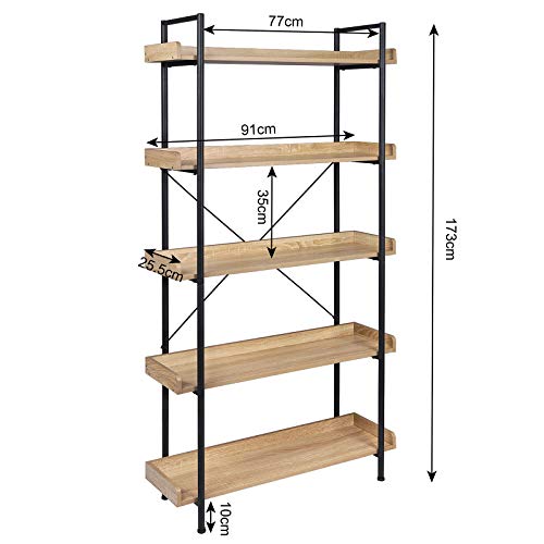 WOLTU Eestantería Independiente Estante Alto Estante industrial Estante Cinco Estante de Escalera de Flores de Madera y Acero, 91 x 25.5x173cm Negro+Roble Claro RGB12hei