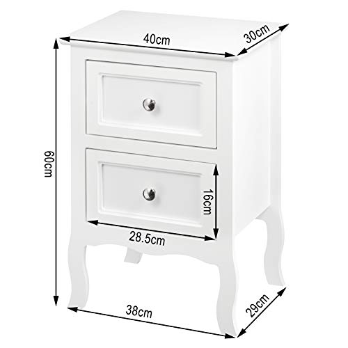 WOLTU Mesitas de Noche Mesilla Auxiliar Sofá Mueble con Espacio de Almacenamiento Mesa para Cama Café Dormitorio con 2 Cajones 40x30x60cm Blanco MDF TS119ws