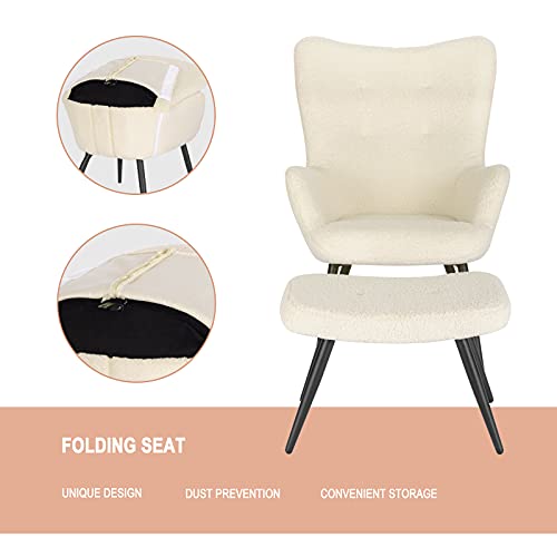 WOLTU Silla de Relax con Reposapiés Silla con Escabel Sillón con Reposabrazos y Respaldo Plegable de Patas Metálicas Crema SKS29cm