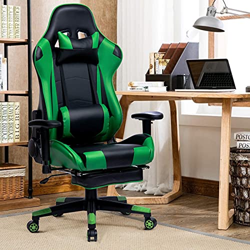 WOLTU Silla Gaming Racing Silla de Escritorio Ergonómica con Reposapiés y Almohada Lumbar, Altura Ajustable del Asiento y Reposabrazos,Verde BS14gn