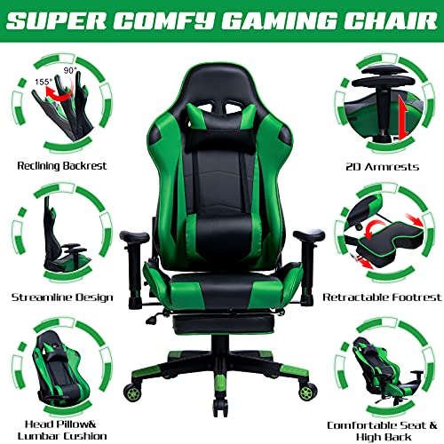 WOLTU Silla Gaming Racing Silla de Escritorio Ergonómica con Reposapiés y Almohada Lumbar, Altura Ajustable del Asiento y Reposabrazos,Verde BS14gn