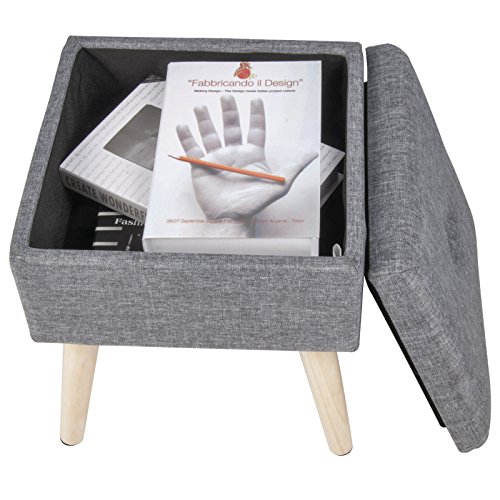 WOLTU Taburete con Espacio de Almacenamiento Cubo Reposapiés Caja de Almacenamiento Tapa Extraíble Asiento Acolchado de Lino Patas de Madera, 32x32x36,5CM Gris Claro, SH26hgr