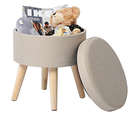 WOLTU Taburete Redondo Puff Caja de Almacenamiento Taburete de Almacenamiento Asiento para Dormitorio Tapa Extraíble Asiento de Lino/Terciopelo con Patas Madera Maciza (Crema, Lino)