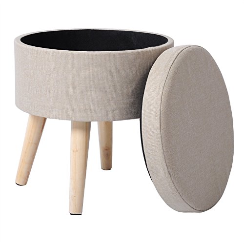 WOLTU Taburete Redondo Puff Caja de Almacenamiento Taburete de Almacenamiento Asiento para Dormitorio Tapa Extraíble Asiento de Lino/Terciopelo con Patas Madera Maciza (Crema, Lino)