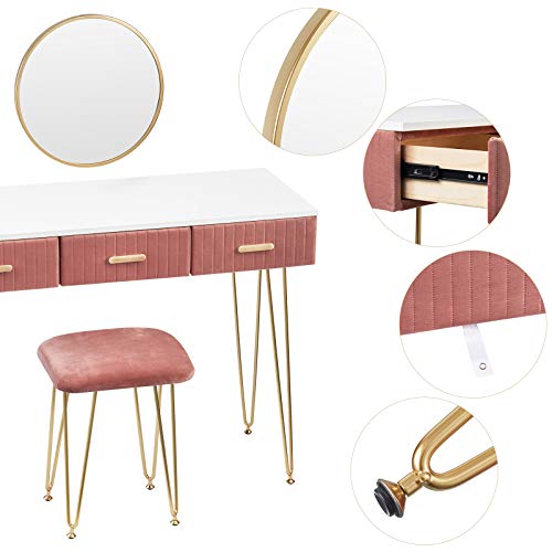 WOLTU Tocador con Espejo Mesa de Maquillaje Juego Mesa Tocadores con Taburete 100x40cm Tocador de Dormitorio con 3 Cajones y 1 Espejo Mesa Cosmetica Moderno Blanco+Rosa MB6080rs