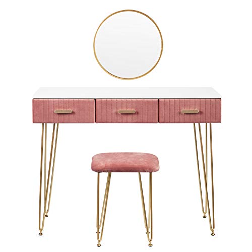 WOLTU Tocador con Espejo Mesa de Maquillaje Juego Mesa Tocadores con Taburete 100x40cm Tocador de Dormitorio con 3 Cajones y 1 Espejo Mesa Cosmetica Moderno Blanco+Rosa MB6080rs