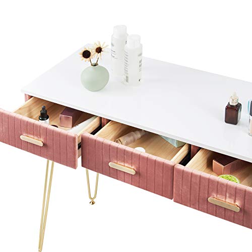 WOLTU Tocador con Espejo Mesa de Maquillaje Juego Mesa Tocadores con Taburete 100x40cm Tocador de Dormitorio con 3 Cajones y 1 Espejo Mesa Cosmetica Moderno Blanco+Rosa MB6080rs