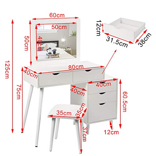 WOLTU Tocador Mesa Cosmética con Taburete Tocador de Maquillaje con Espejo, 5 Cajones y 1 Mesita de Noche 80x40x125cm Blanco MB6059ws