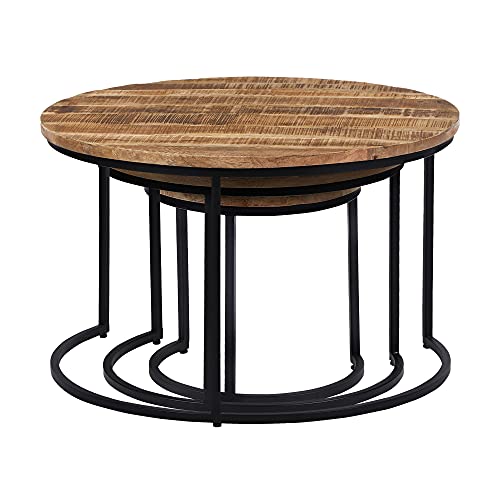 WOMO-DESIGN Juego de 3 Mesas de Café Auxiliares Ø 67/50/35 cm Madera Mango Natural Maciza con Estructura Metálica Recubrimiento Polvo Negro Diseño Industrial Tallado a Mano Mueble Decorativo Salón