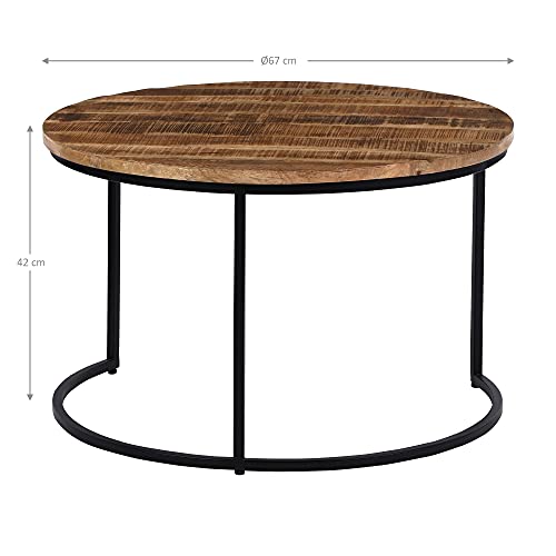 WOMO-DESIGN Juego de 3 Mesas de Café Auxiliares Ø 67/50/35 cm Madera Mango Natural Maciza con Estructura Metálica Recubrimiento Polvo Negro Diseño Industrial Tallado a Mano Mueble Decorativo Salón