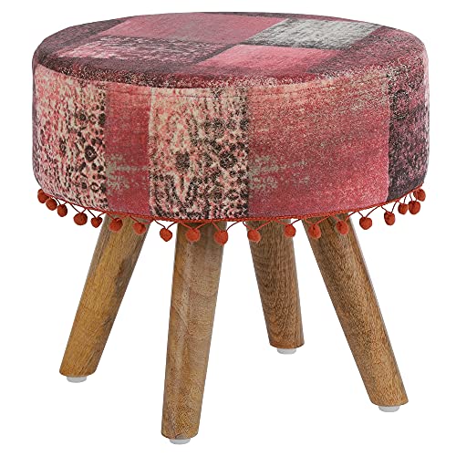 WOMO-DESIGN Taburete Tapizado 38 x 36 cm Rojo Asiento con Topes Aspecto de Madera con Revestimiento de Tela Silla Cómoda con Patas de Madera Banqueta Auxiliar Mueble Decorativo Elegante