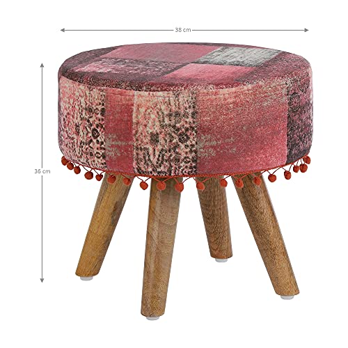 WOMO-DESIGN Taburete Tapizado 38 x 36 cm Rojo Asiento con Topes Aspecto de Madera con Revestimiento de Tela Silla Cómoda con Patas de Madera Banqueta Auxiliar Mueble Decorativo Elegante