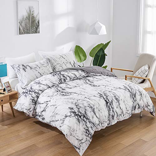 WONGS BEDDING Juego de Funda de edredón de mármol Juego de Cama con Funda de edredón de edredón Reversible Moderno en Blanco y Gris, con Cierre de Cremallera 135x200cm