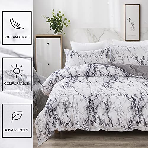 WONGS BEDDING Juego de Funda de edredón de mármol Juego de Cama con Funda de edredón de edredón Reversible Moderno en Blanco y Gris, con Cierre de Cremallera 135x200cm