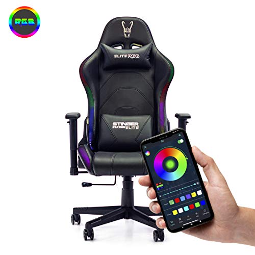 Woxter Stinger Station Elite RGB, Silla Gaming con Leds RGB Configurables por APP, Eje de Acero, Levantamiento por Gas Pistón Clase 3, Ergonómica, Reposabrazos 2D, Refuerzo de Foam MD, Ajustable