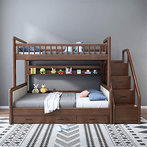 WSN Camas gemelas sobre Camas Altas, Literas Twin Over Full con Escalera y almacenaje, Estructura de Madera Maciza Twin Bunk Bed Walnut,1.5 x 2m